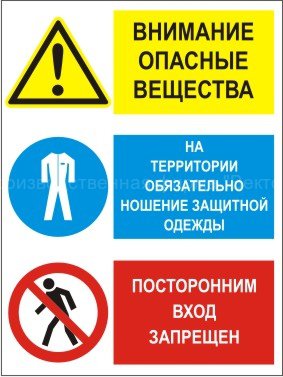 Групповой знак «Внимание. Опасные вещества. На территории обязательно ношение защитной одежды. Посторонним вход запрещен» (G07)