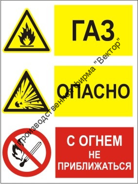 Групповой знак «Газ. Опасно. С огнем не приближаться» (G09)