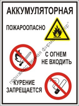 Групповой знак «Аккумуляторная. Пожароопасно. С огнем не входить. Курение запрещается» (G10)