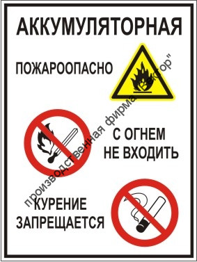 Групповой знак «Аккумуляторная. Пожароопасно. С огнем не входить. Курение запрещается» (G10)