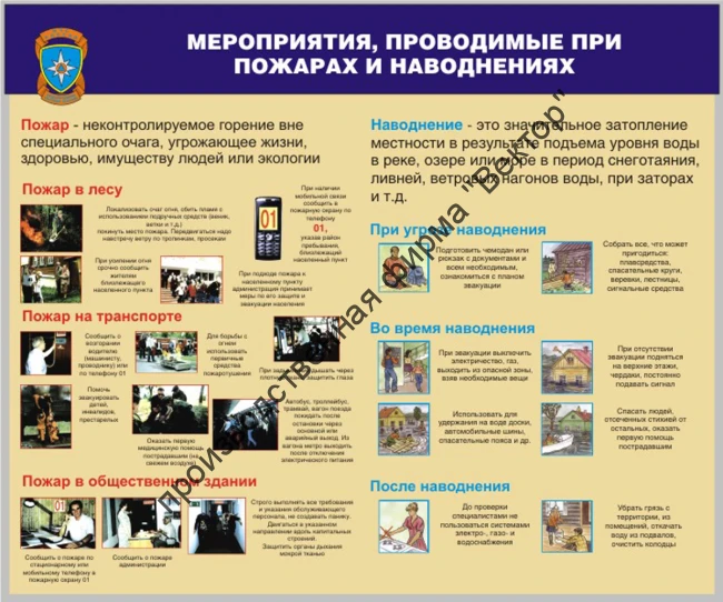 Стенд «Мероприятия, проводимые при пожарах и наводнениях». Вариант 1.