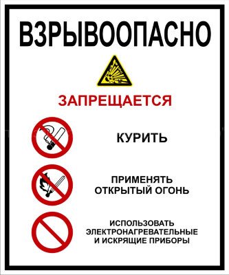 Групповой знак «Взрывоопасно. Запрещается курить, применять открытый огонь, использовать электронагревательные приборы» (G15)