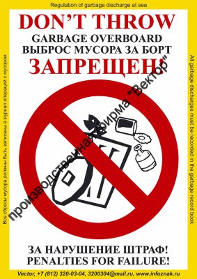 Плакат ИМО «Выброс мусора за борт запрещен». Вариант 1. (RUS/ENG)