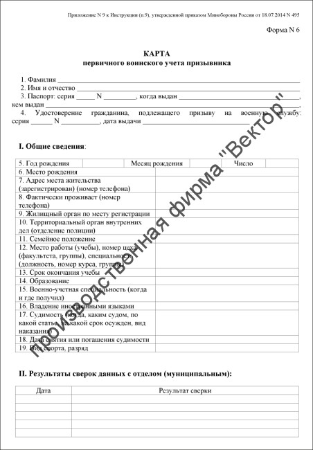 Карта первичного воинского учета призывника (Форма 6)